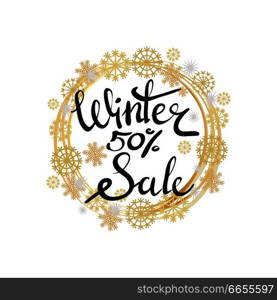 Winter sale 50 % poster in decorative frame made of silver and golden snowflakes and round circles, snowballs of gold in x-mas border isolated on white vector. Winter Sale Poster in Frame Made of Snowflakes