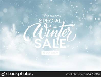 Winter sale background template. Christmas winter snowy landscape. Winter snow dust background. Vector illustration EPS10. Winter sale background template. Christmas winter snowy landscape. Winter snow dust background. Vector illustration