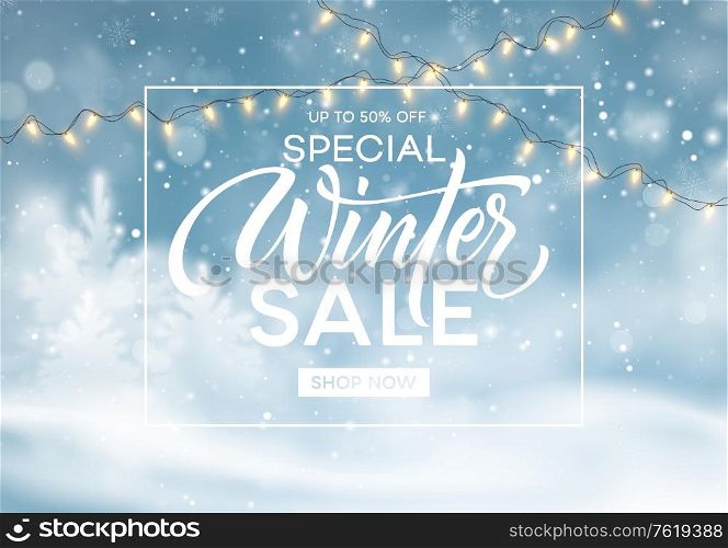 Winter sale background template. Christmas winter snowy landscape. Winter snow dust background. Vector illustration EPS10. Winter sale background template. Christmas winter snowy landscape. Winter snow dust background. Vector illustration