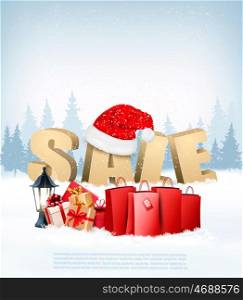 Winter Sale background with shopping bags and Santa Hat. Vector