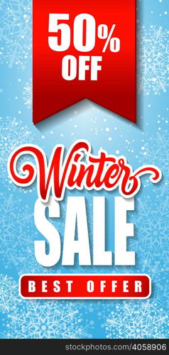 Winter sale best offer lettering on blue background with snowflakes. Inscription can be used for leaflets, festive design, posters, banners.