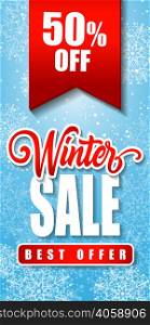 Winter sale best offer lettering on blue background with snowflakes. Inscription can be used for leaflets, festive design, posters, banners.