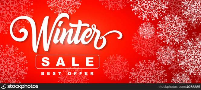 Winter Sale Best Offer lettering with snowflakes. Handwritten and typed text, calligraphy. For invitations, posters, leaflets and brochures.