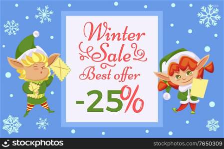 Winter sale, best offer on presents. Little characters in green elf costume prepare gifts for children. Promotion poster with designed caption and christmas elves. Vector illustration in flat style. Winter Xmas Sale and Best Offer, Christmas Elves