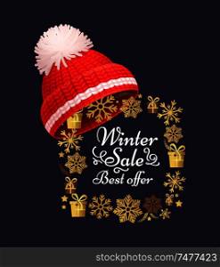 Winter sale best offer poster knitted red hat on golden snowflakes frame. Warm headwear item, cloth woolen chunky yarn, hand knitting crochet headdress. Winter Sale Poster Knitted Red Hat, Vector Icon