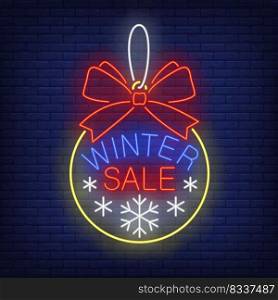 Winter sale Christmas ball neon sign. Shopping, ball, sale. Night bright advertisement. Vector illustration in neon style for banner, billboard