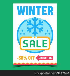 Winter Sale Creative Promotional Banner Vector. Winter Holiday Season Selling Presents And Gifts On Christmas Advertising Poster. Snow Flake Concept Template Style Color Illustration. Winter Sale Creative Promotional Banner Vector