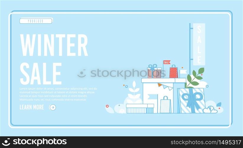 Winter Sale Design Landing Page Layout in Frame. Editable and Customize Webpage with Place for Company Logo. E-Commerce and Social Media Marketing. Holidays Gifts with Discounts. Vector Illustration. Winter Sale Design Landing Page Layout in Frame