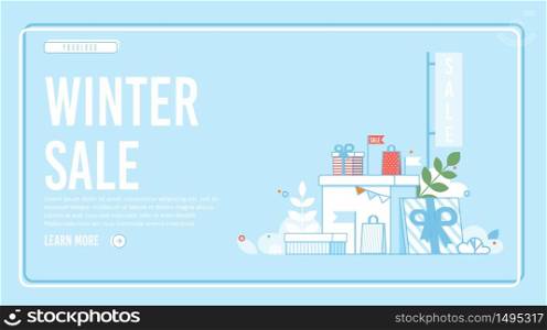 Winter Sale Design Landing Page Layout in Frame. Editable and Customize Webpage with Place for Company Logo. E-Commerce and Social Media Marketing. Holidays Gifts with Discounts. Vector Illustration. Winter Sale Design Landing Page Layout in Frame