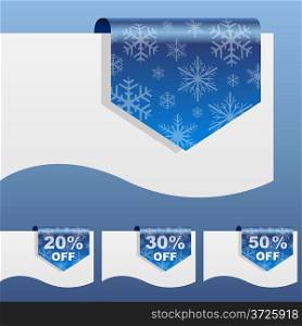 Winter sale discount labels bent around paper edge with snowflake shapes.