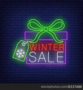 Winter sale gift box neon sign. Shopping, gift box, sale. Night bright advertisement. Vector illustration in neon style for banner, billboard