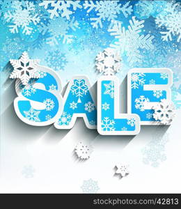 Winter sale inscription in paper style on bright blue background with snowflakes, vector illustration.