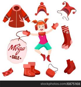 Winter sale label with happy kid. Winter mega sale label with happy kid and winter clothes. Vector winter sale set