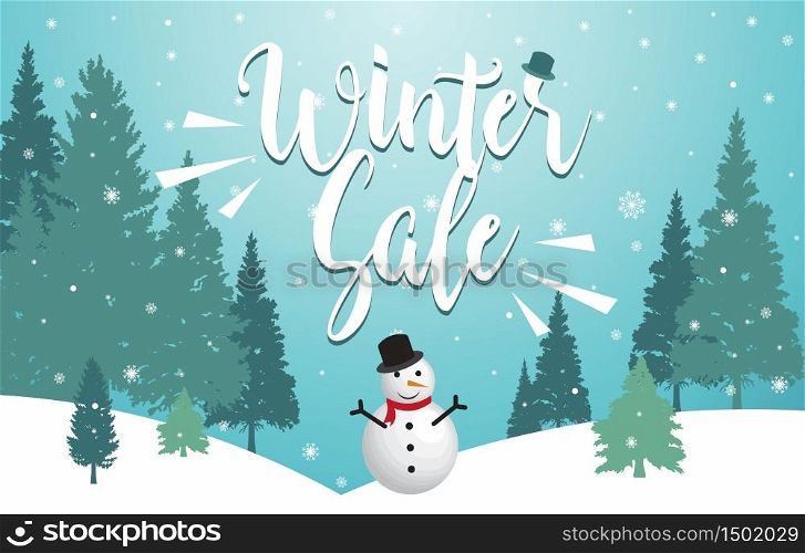 Winter Sale Marketing Promotion Banner Card Snowman Pine Tree