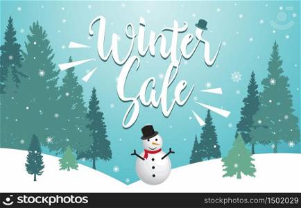 Winter Sale Marketing Promotion Banner Card Snowman Pine Tree