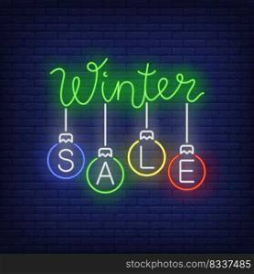 Winter sale on Christmas balls neon sign. Shopping, ball, sale. Night bright advertisement. Vector illustration in neon style for banner, billboard