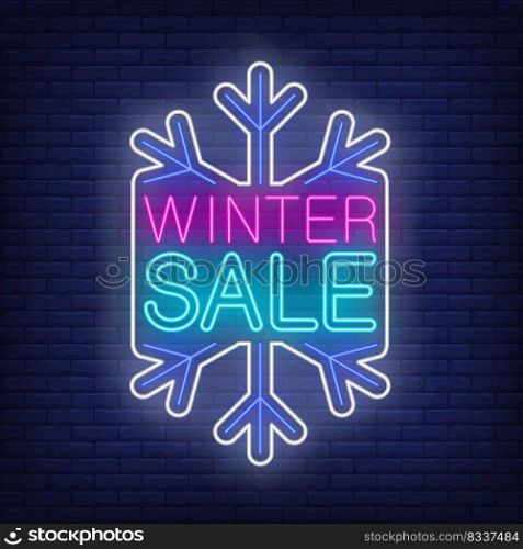 Winter sale on snowflake neon sign. Shopping, snowflake, sale. Night bright advertisement. Vector illustration in neon style for banner, billboard