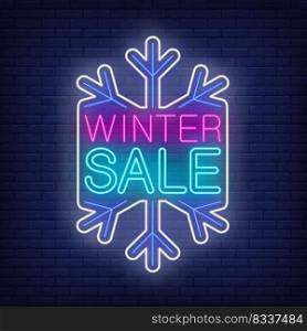 Winter sale on snowflake neon sign. Shopping, snowflake, sale. Night bright advertisement. Vector illustration in neon style for banner, billboard