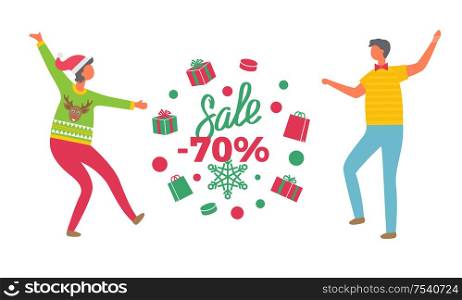 Winter sale poster, woman in Santa Claus hat. Man in sweater and jeans, and tag in wreath of gifts, 70 percent discount label, vector people isolated. Winter Sale Poster, Woman in Santa Claus Hat, Man