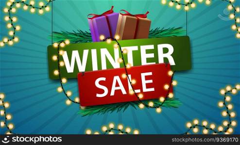 Winter sale, sign in cartoon style with gifts and garland.