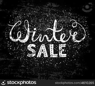 Winter sale text lettering. Seasonal shopping concept to design banners, price or label. Stylized drawing chalk on blackboard. Isolated vector illustration.