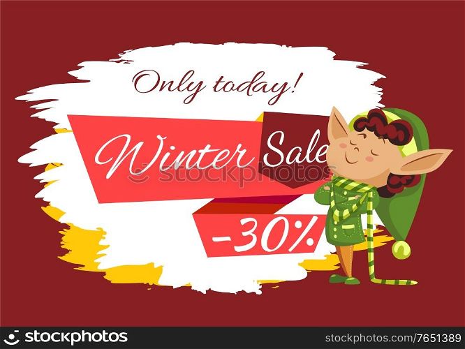 Winter sale today only 30 percent discount poster with elf character. Business shopping card with special promotion and fairy cartoon hero. Xmas festive card with limited promo and assistant vector. Shopping Card with Elf Cartoon Character Vector