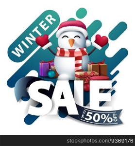 Winter sale, up to 50 off, discount pop up for website in lava l&style with Large letters, blue ribbon and snowman in Santa Claus hat with gifts