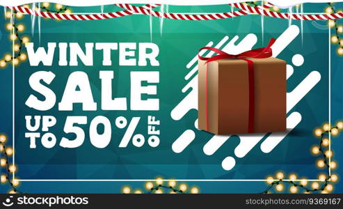 Winter sale, up to 50 off, modern green discount banner with garlands, fluid shapes and polygonal texture on background