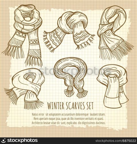 Winter scarves set on vintage backdrop. Hand drawn winter scarves set on vintage backdrop, vector illustration