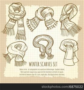 Winter scarves set on vintage backdrop. Hand drawn winter scarves set on vintage backdrop, vector illustration