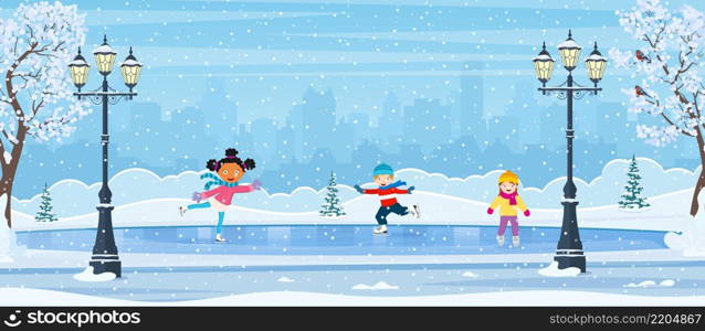 Winter scene with skating children. outdoor ice rink for skating and fun winter activities. cartoon frozen landscape. Winter day park scene. Vector illustration in flat style. Winter scene with skating children.