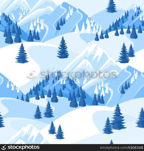 Winter seamless pattern. Beautiful landscape with snowy mountains and fir forest. Winter seamless pattern. Beautiful landscape with snowy mountains and fir forest.