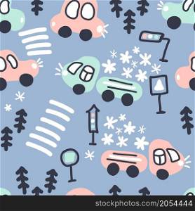 Winter seamless pattern of trucks carrying snow. Perfect for T-shirt, textile and prints. Hand drawn vector illustration for decor and design.