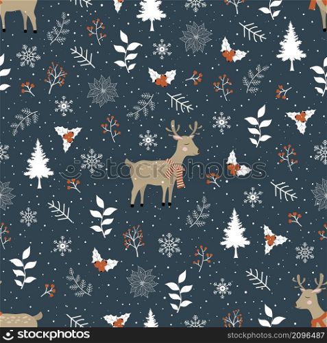 Winter seamless pattern with cute deer,berries and snowflakes on dark grey background,vector illustration