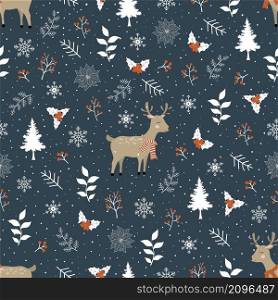Winter seamless pattern with cute deer,berries and snowflakes on dark grey background,vector illustration