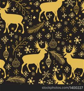 Winter seamless pattern with gold reindeers and snowflakes on dark background.. Winter seamless pattern with reindeers and snowflakes