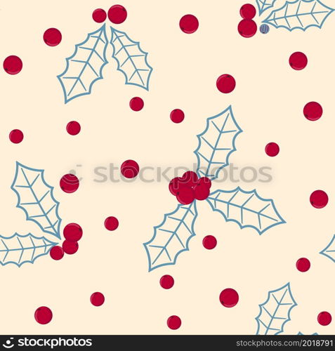 Winter seamless pattern with holly and red berries. Christmas background, vector illustration. Template for wrapping gifts, fabric and wallpaper.. Winter seamless pattern with holly and red berries.