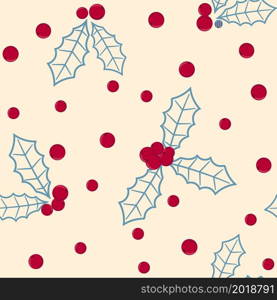 Winter seamless pattern with holly and red berries. Christmas background, vector illustration. Template for wrapping gifts, fabric and wallpaper.. Winter seamless pattern with holly and red berries.