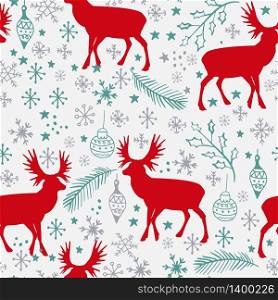 Winter seamless pattern with red reindeers and snowflakes on light background.. Winter seamless pattern with reindeers and snowflakes