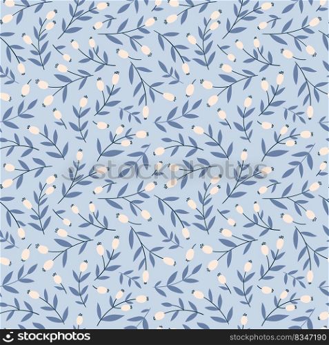Winter seamless pattern with rose hips, branches and leaves. Vector background in simple hand drawn cartoon style. Repeating background for textile and wrapping paper design. Winter seamless pattern with rose hips, branches and leaves. Vector background in simple hand drawn cartoon style.