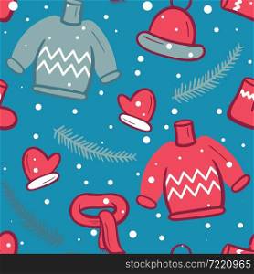 Winter seamless pattern with sweaters, hats, scarves and mittens. Cozy background with warm clothes. Template for wrapping gifts, paper, fabric and substrate, vector illustration.. Winter seamless pattern with sweaters, hats, scarves and mittens.