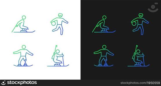 Winter season athletics gradient icons set for dark and light mode. Disabled sportsmen. Thin line contour symbols bundle. Isolated vector outline illustrations collection on black and white. Winter season athletics gradient icons set for dark and light mode