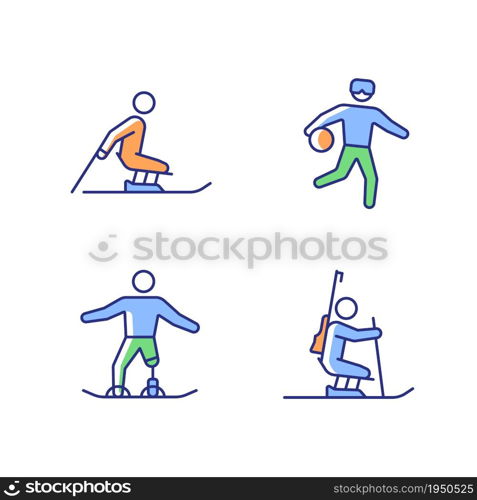 Winter season athletics RGB color icons set. Adaptive competitive disciplines. Sports with equipment. Disabled sportsmen. Isolated vector illustrations. Simple filled line drawings collection. Winter season athletics RGB color icons set