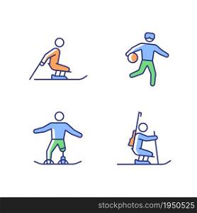 Winter season athletics RGB color icons set. Adaptive competitive disciplines. Sports with equipment. Disabled sportsmen. Isolated vector illustrations. Simple filled line drawings collection. Winter season athletics RGB color icons set