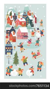 Winter season background kids characters. Flat vector illustration. Winter outdoor activities. Children go sledding, skating and skiing. Children make a snowman and play snowballs. Children have fun. . Snowy day in cozy christmas town. Winter christmas village day landscape. Children play outside in winter. Vector illustration, greeting card.