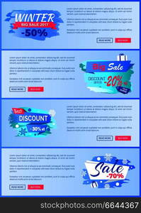 Winter season best discount -30  off 2017 final sale 70  labels with snowballs and snowflakes on abstract blue background seasonal vector posters set. Winter Season Best Discount 30 Off 2017 Final Sale