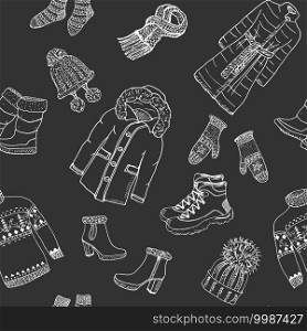 Winter season doodle clothes seamless pattern. Hand drawn sketch elements warm raindeer sweater, coat, boots, socks, gloves and hats. vector background illustration. Winter season doodle clothes seamless pattern. Hand drawn sketch elements warm raindeer sweater, coat, boots, socks, gloves and hats. vector background illustration.