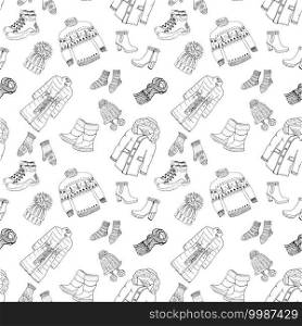 Winter season doodle clothes seamless pattern. Hand drawn sketch elements warm raindeer sweater, coat, boots, socks, gloves and hats. vector background illustration. Winter season doodle clothes seamless pattern. Hand drawn sketch elements warm raindeer sweater, coat, boots, socks, gloves and hats. vector background illustration.