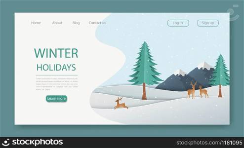 Winter season Landing Page,Christmas holiday with deer family in the forest for website,template,banner or greeting card,vector illustration