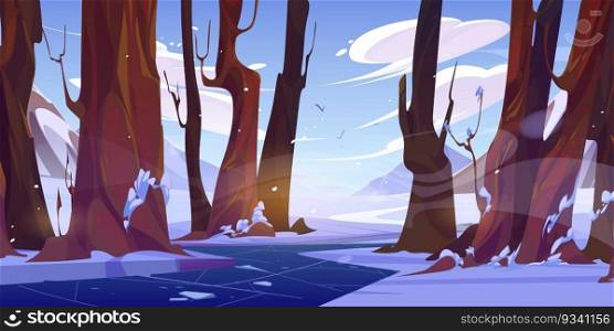 Winter season nature, mountain river flowing in forest. Vector cartoon illustration of white snowy landscape with trees, frozen stream or brook, clouds in blue sky and flying birds, windy weather. Winter snowy forest landscape in mountain valley